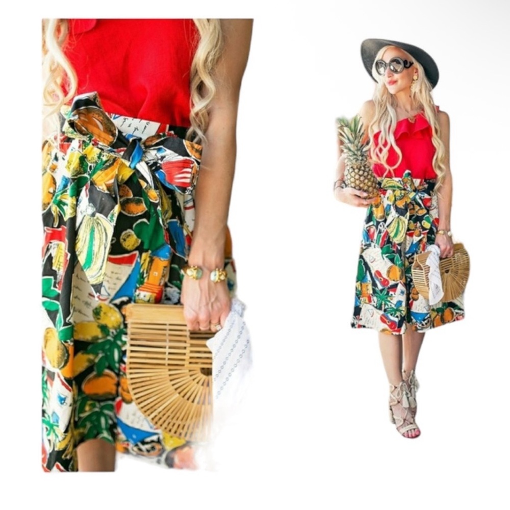 J. Crew Button-Up A-Line Postcard Print Fruit Belted Tie Skirt Size 8